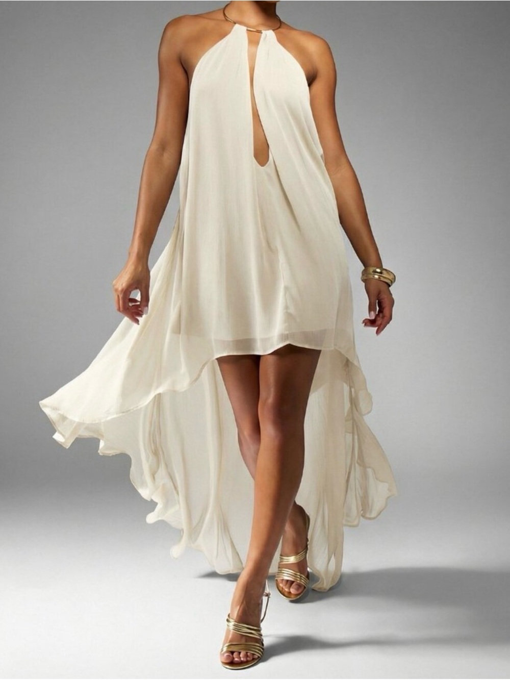 Cream Elegant Women's Halter Neck Asymmetrical High Low Chiffon Dress